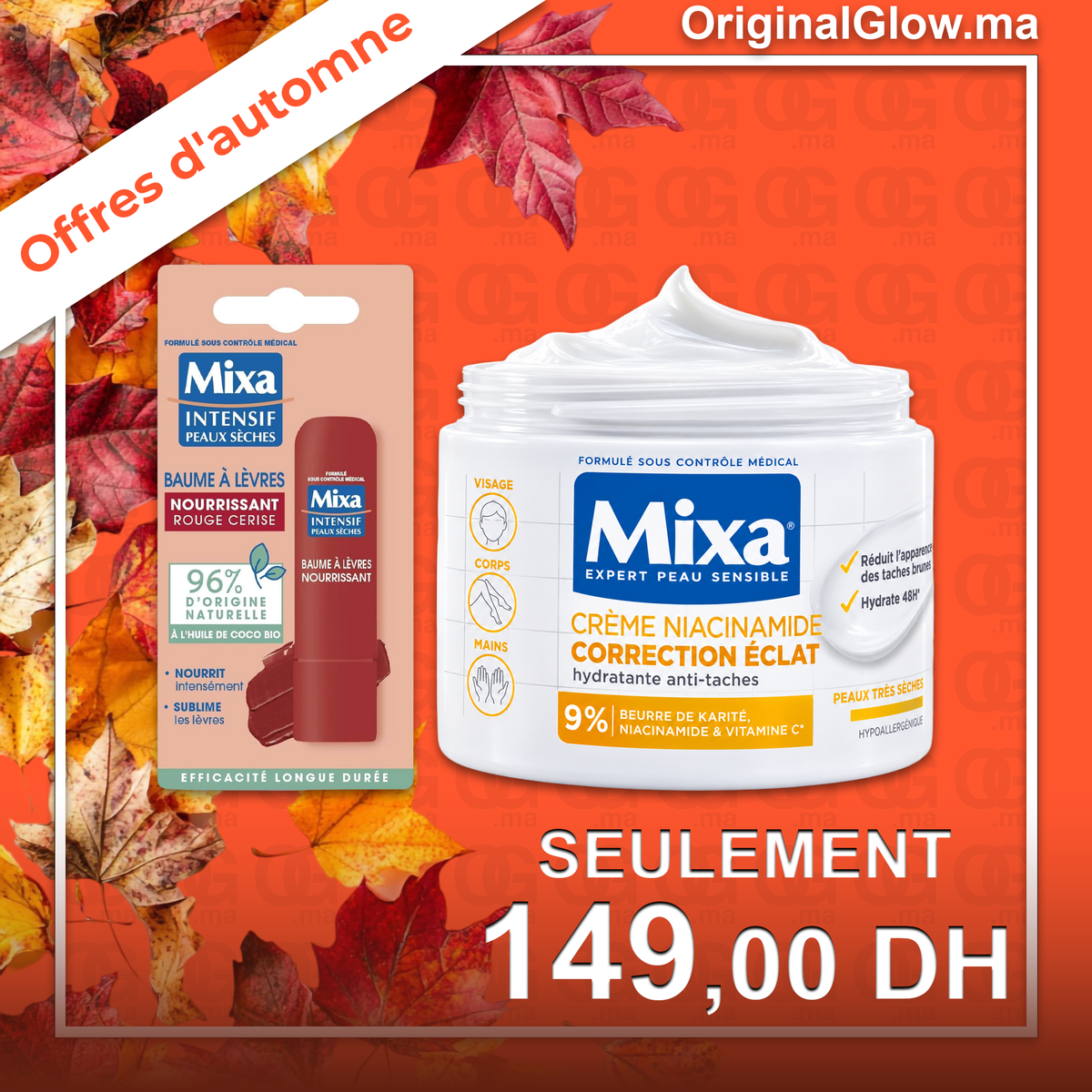Offre Mixa Automne – Baume Lèvres Rouge Cerise + Crème Niacinamide